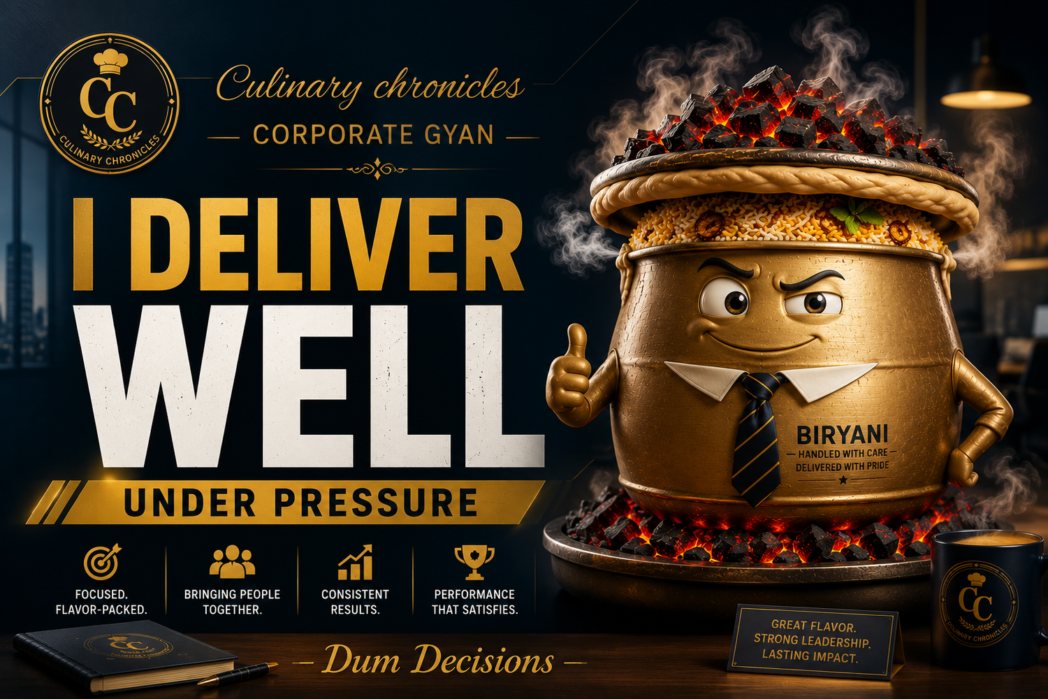Biryani in a brass dum pot; approved poster reads “I deliver well under pressure.”