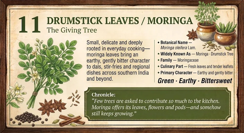 11 · DRUMSTICK LEAVES / MORINGA — The Giving Tree. Approved botanical editorial artwork.