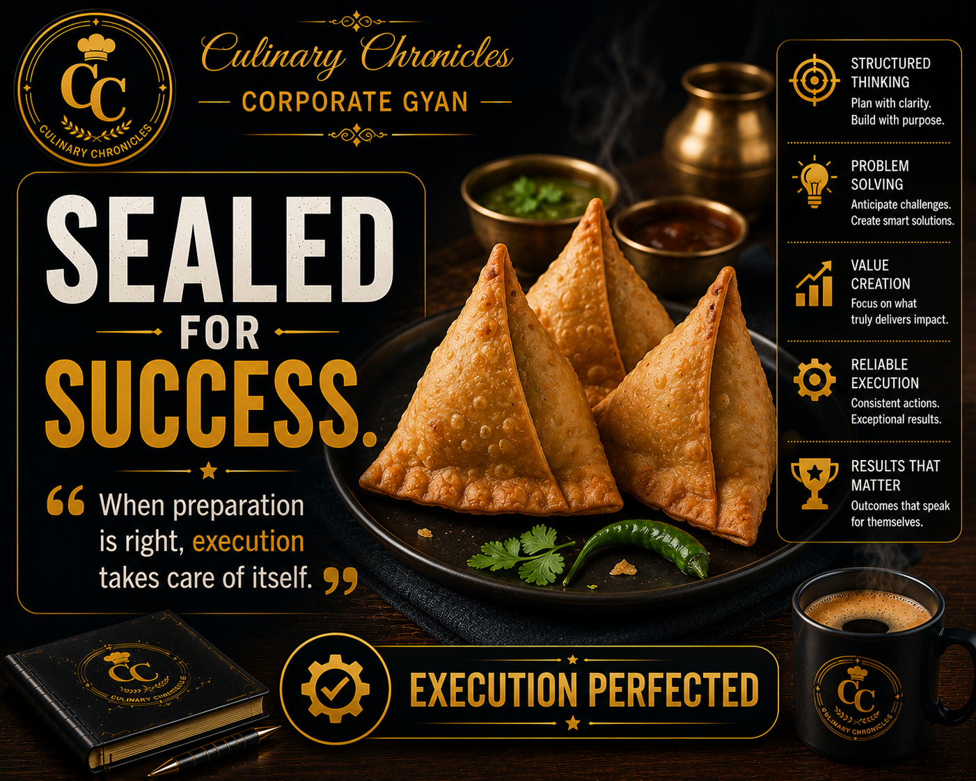 Sealed samosa; approved poster reads “Sealed for success.”