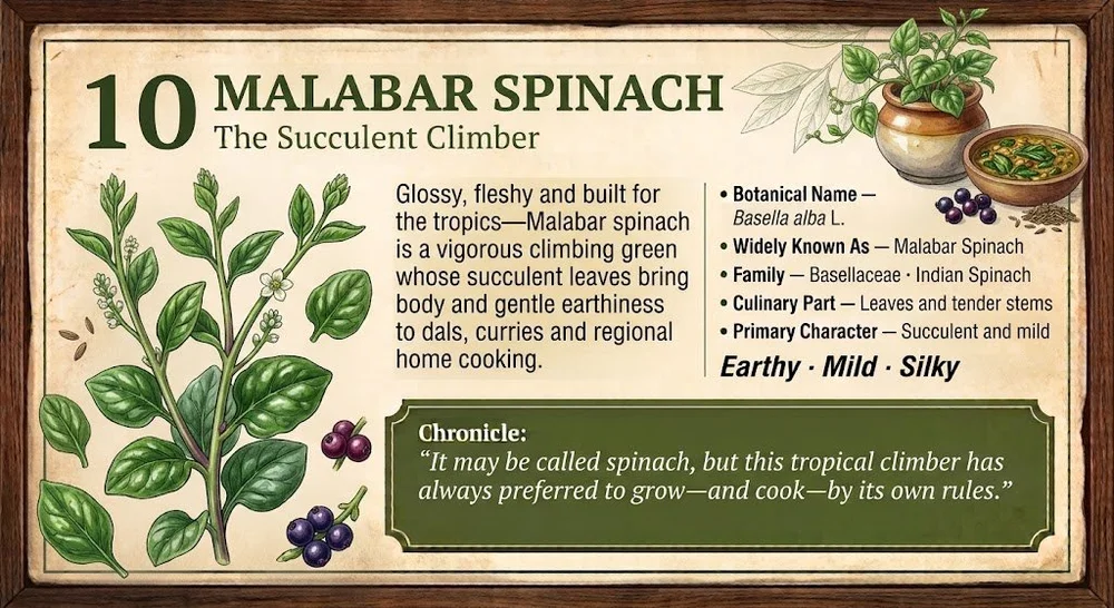 10 · MALABAR SPINACH — The Succulent Climber. Approved botanical editorial artwork.