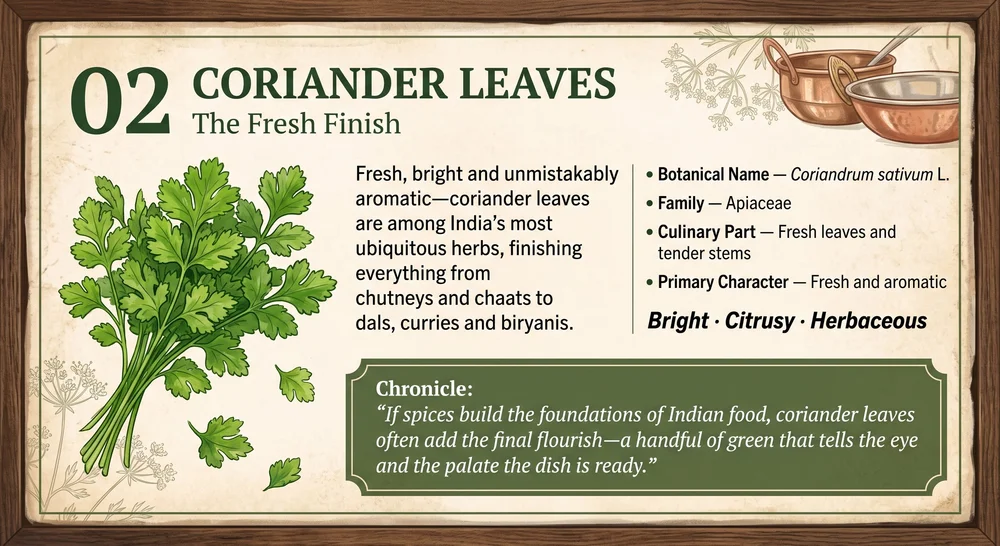 02 · CORIANDER LEAVES — The Fresh Finish. Approved botanical editorial artwork.