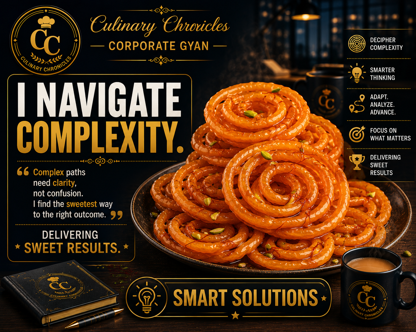 Jalebi coils; approved poster reads “I navigate complexity.”