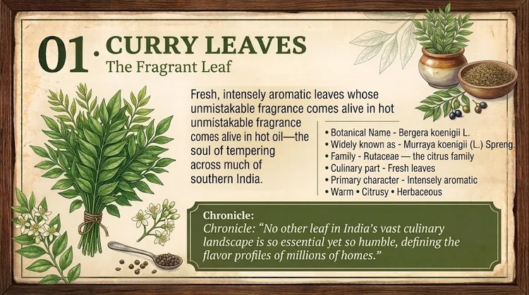 01 · CURRY LEAVES — The Fragrant Leaf. Approved botanical editorial artwork.
