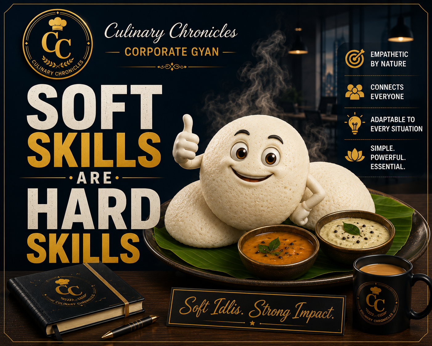 Idli character; approved poster reads “Soft skills are hard skills.”