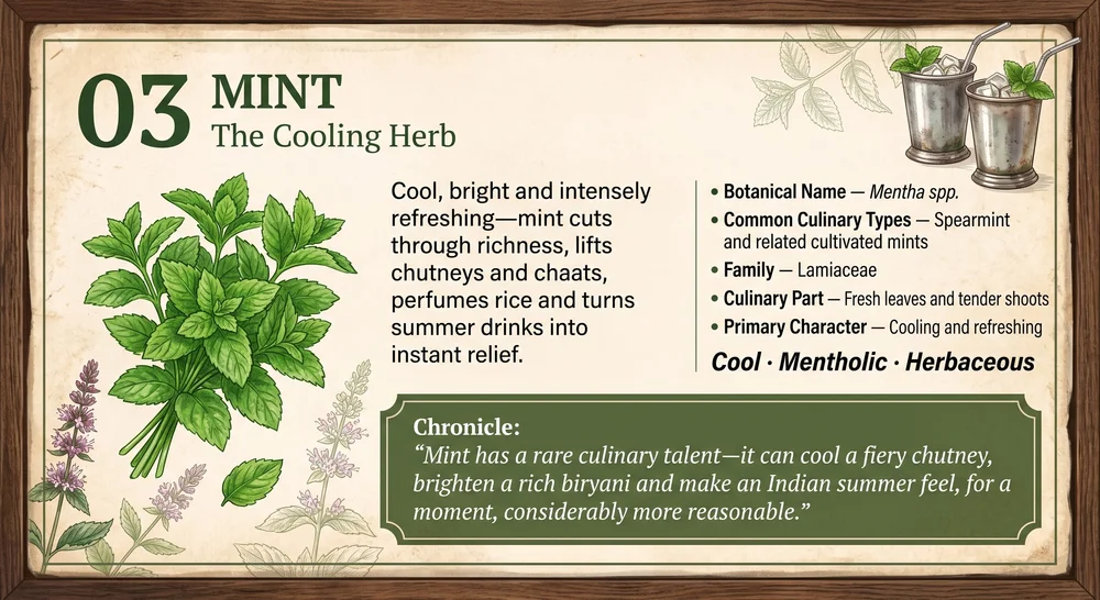 03 · MINT — The Cooling Herb. Approved botanical editorial artwork.