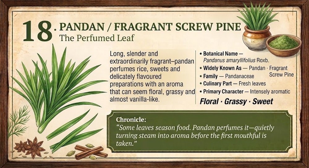 18 · PANDAN / FRAGRANT SCREW PINE — The Perfumed Leaf. Approved botanical editorial artwork.