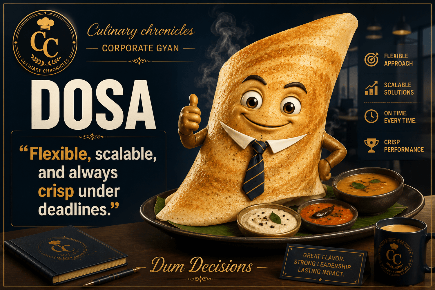 Dosa character in a tie; approved poster celebrates flexibility and scalability.
