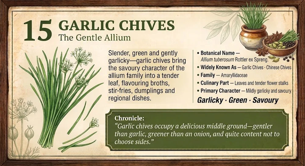 15 · GARLIC CHIVES — The Gentle Allium. Approved botanical editorial artwork.