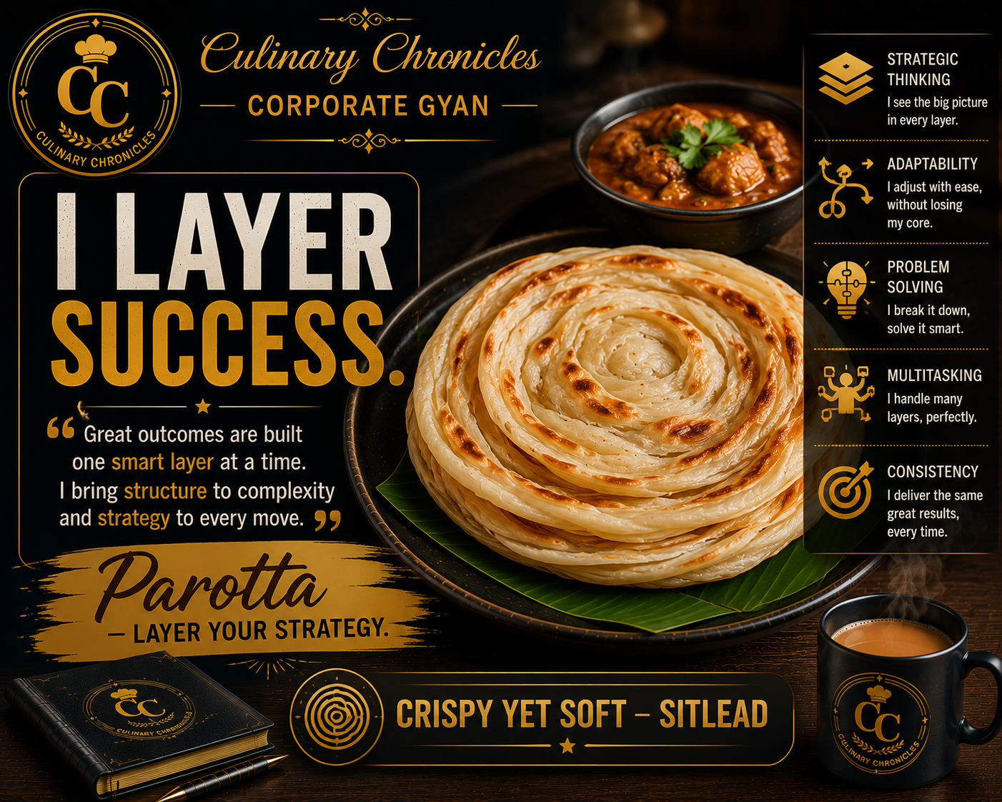 Layered parotta; approved poster reads “I layer success.”