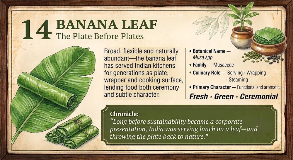 14 · BANANA LEAF — The Plate Before Plates. Approved botanical editorial artwork.