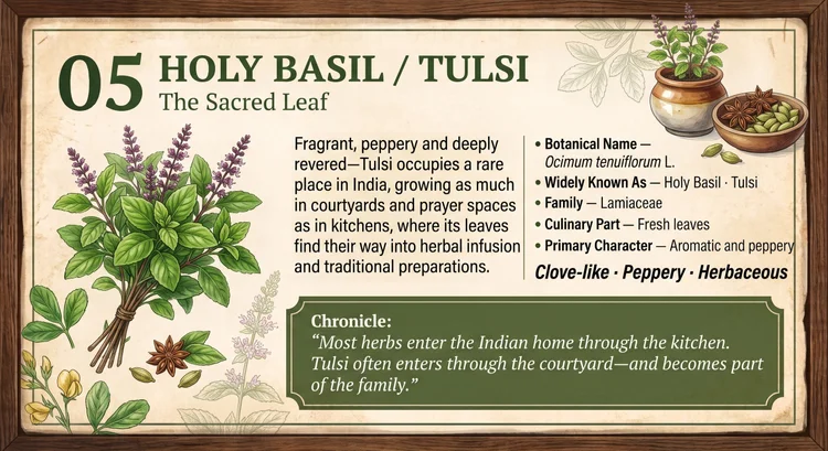 05 · HOLY BASIL / TULSI — The Sacred Leaf. Approved botanical editorial artwork.