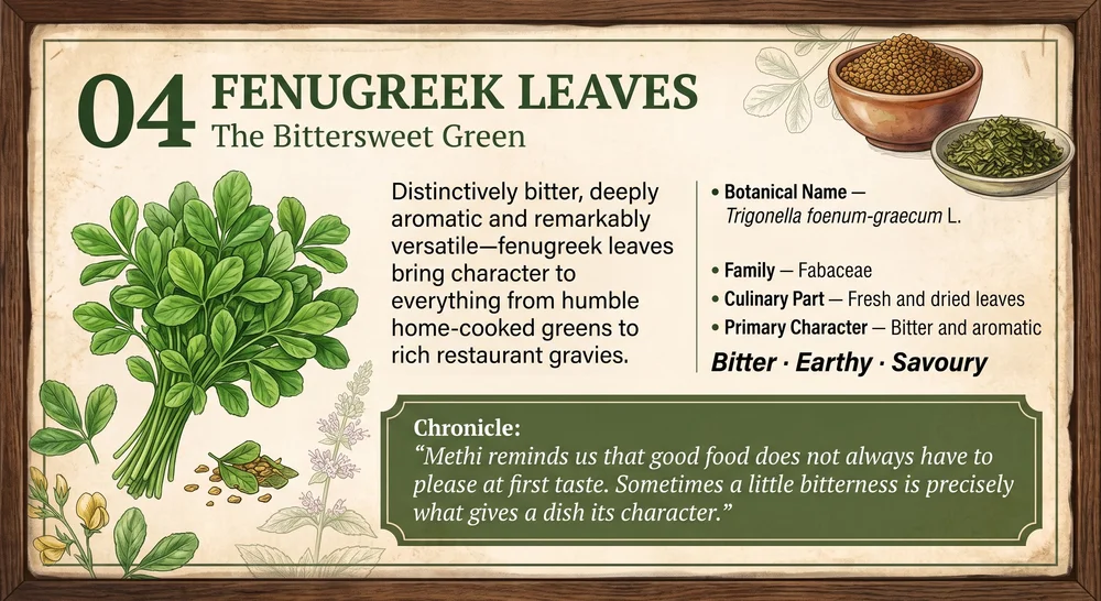 04 · FENUGREEK LEAVES — The Bittersweet Green. Approved botanical editorial artwork.