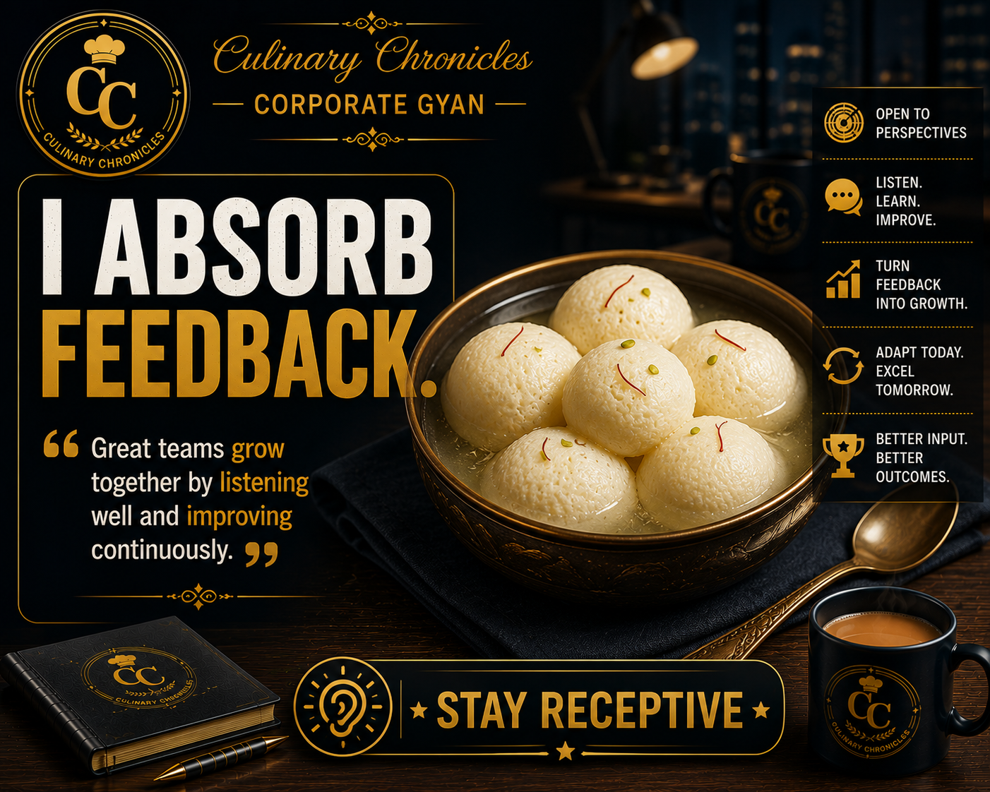 Rasgulla in syrup; approved poster reads “I absorb feedback.”