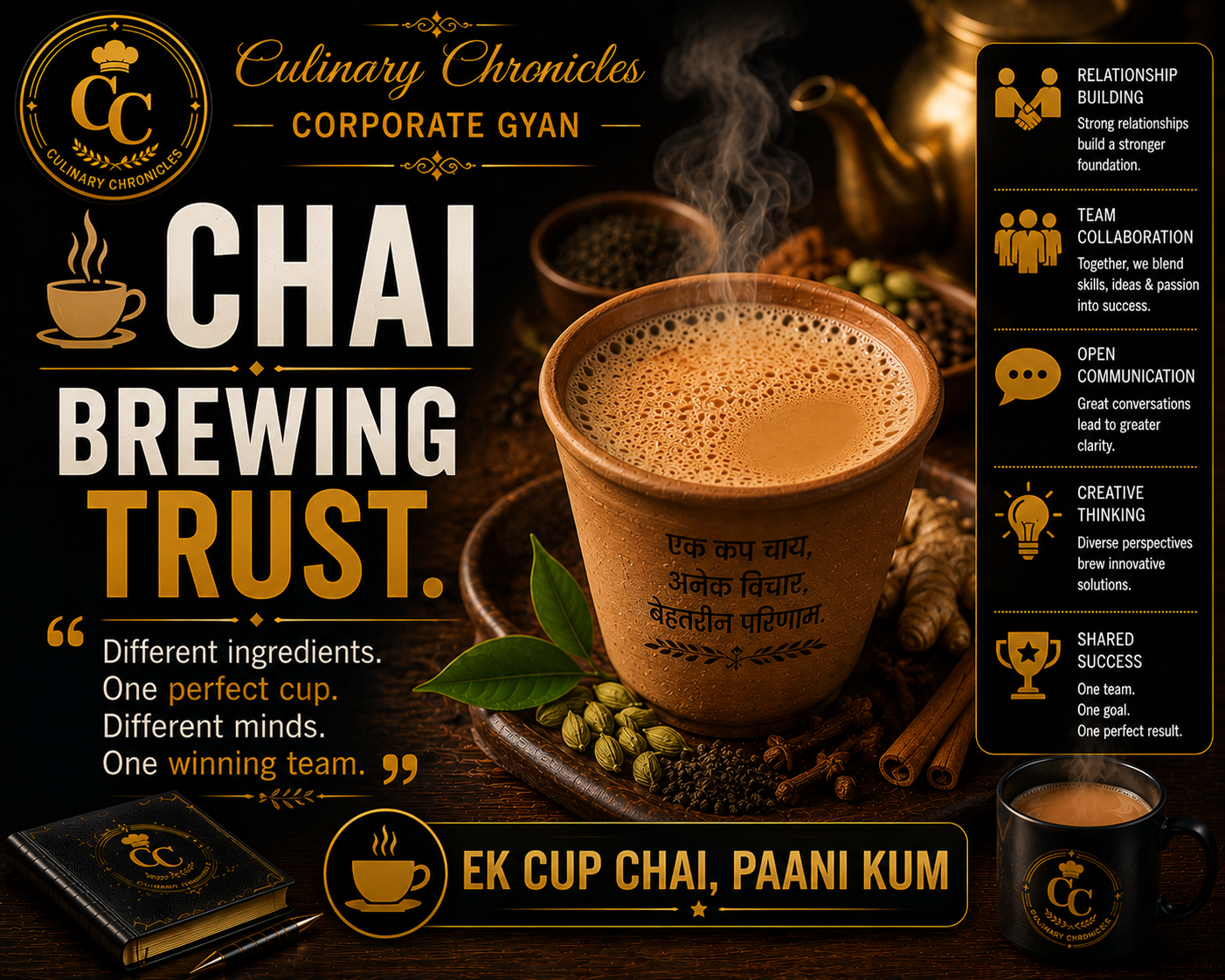 Chai in a terracotta cup; approved poster reads “Chai brewing trust.”