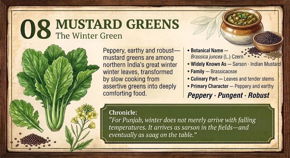08 · MUSTARD GREENS — The Winter Green. Approved botanical editorial artwork.