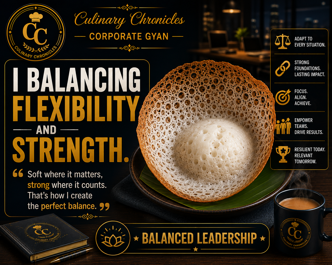 Appam with lacy edges and a substantial centre; approved poster reads “Balancing flexibility and strength.”