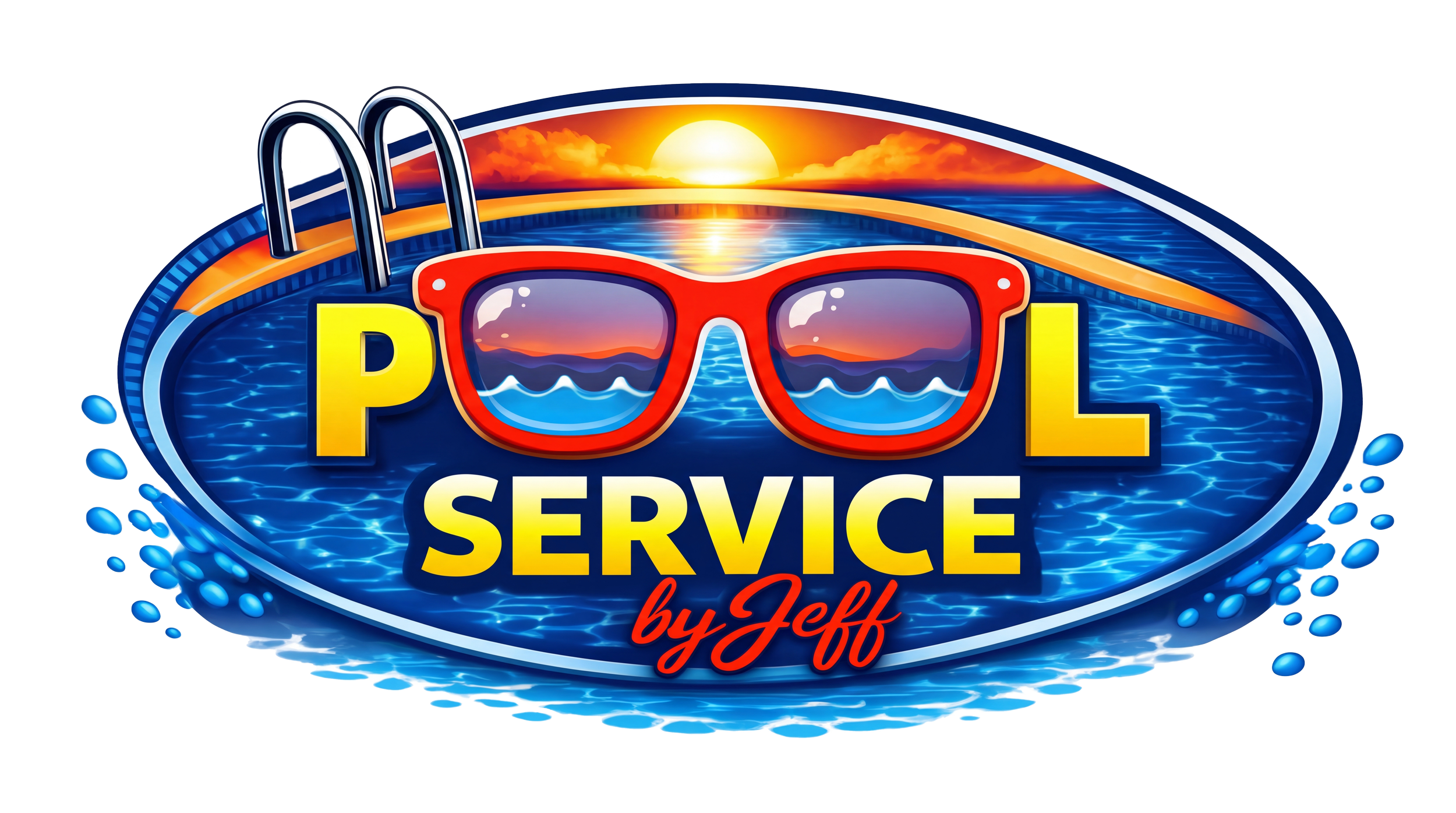 Pool service logo with sunset over water, sinking into the horizon, and sunglasses reflecting the water, with text 'POOL SERVICE by Jeff'.