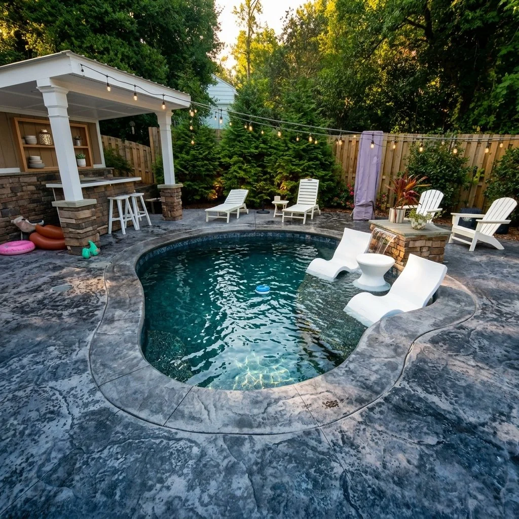 Backyard pool area with lounge chairs, string lights, and lush green trees in the background.