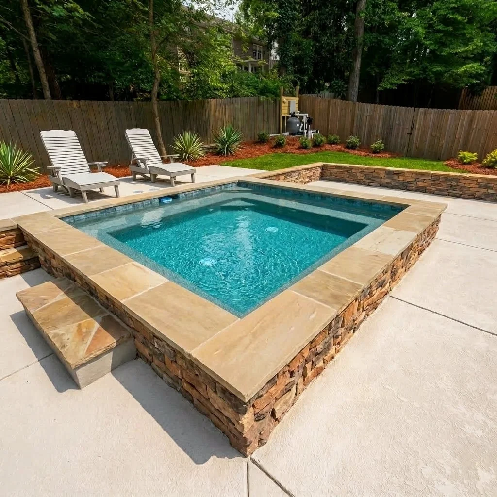 A small outdoor swimming pool with a stone border surrounded by a concrete deck. There are two white lounge chairs on one side, with green plants and mulch behind them, and a wooden fence encloses the yard with trees and a house visible in the background.
