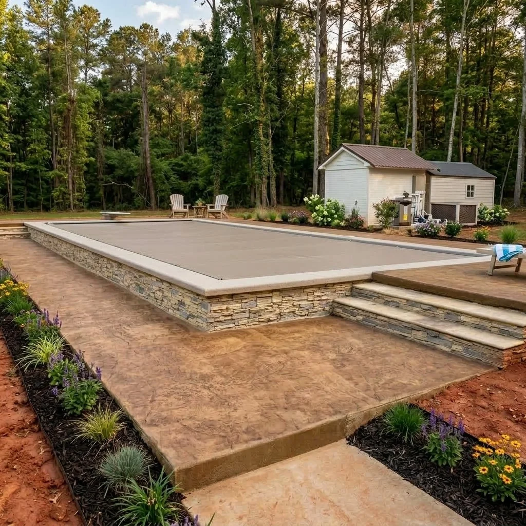 A backyard with a raised concrete and stone patio area, surrounded by flower beds with colorful plants, a small shed, and outdoor chairs set near a lush tree line in the background.