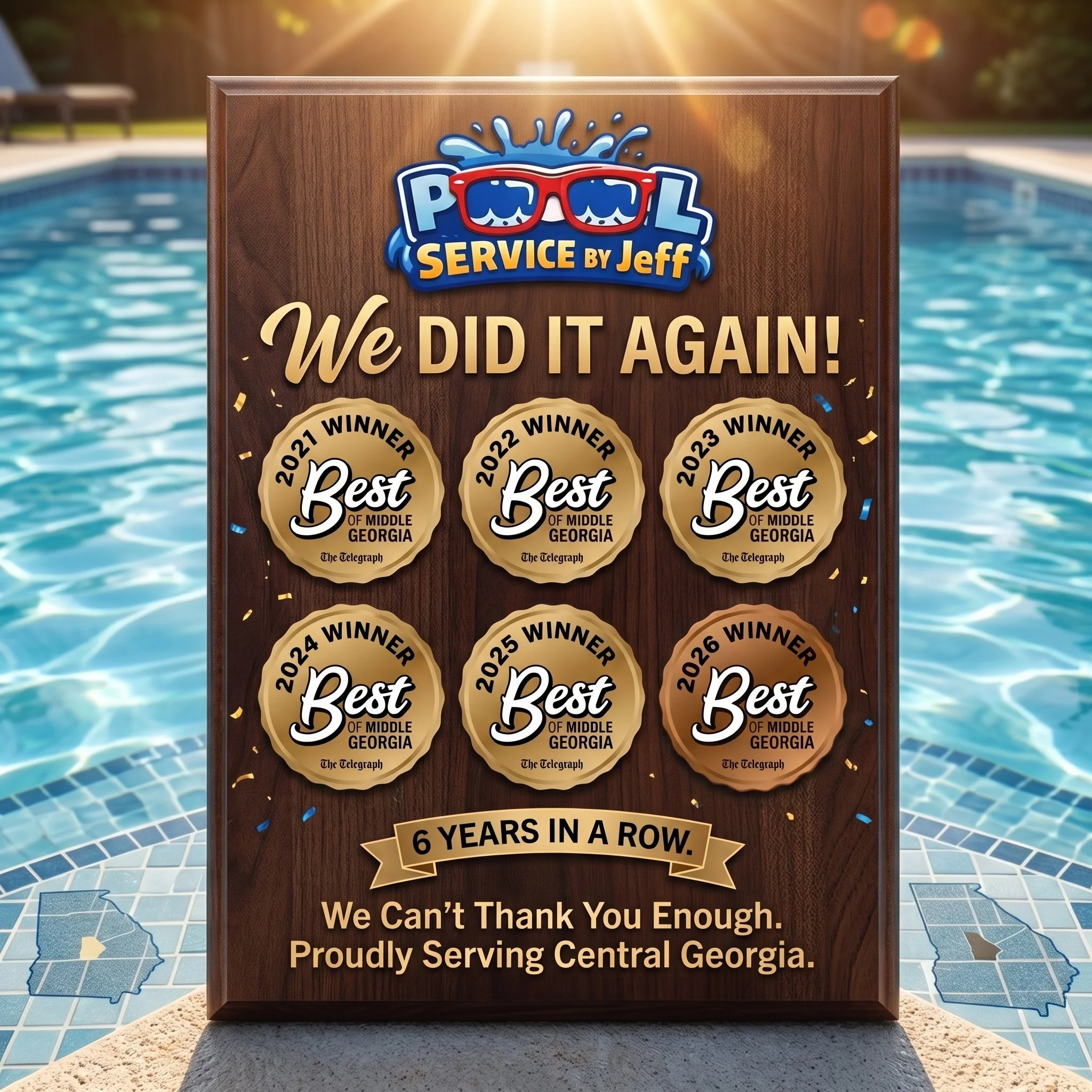 A pool with a sign reading "Pool Service by Jeff. We did it again! 2021-2026 Winner of Best of Middle Georgia. We can't thank you enough. Proudly serving Central Georgia." The sign has a wooden background, and the pool and surrounding area are visible in the background.