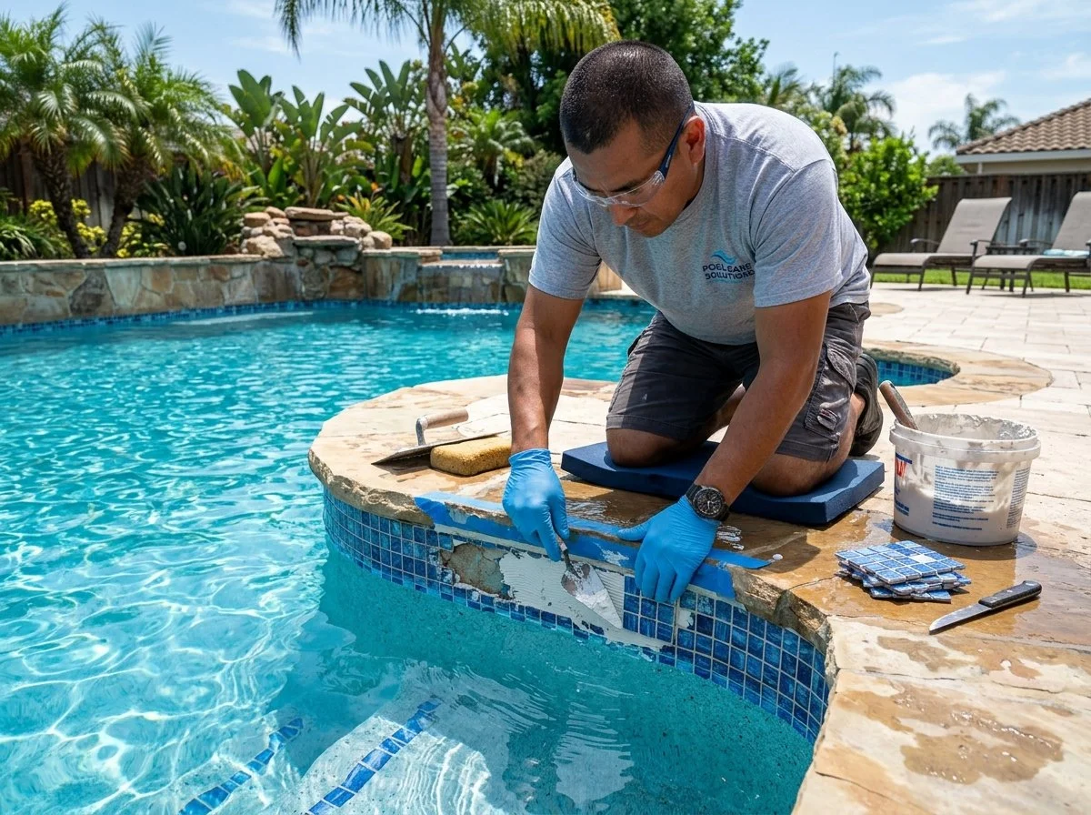 A man kneeling by a swimming pool repairing the pool's tile with a scraper and cement, wearing gloves and safety glasses, surrounded by tools and supplies.