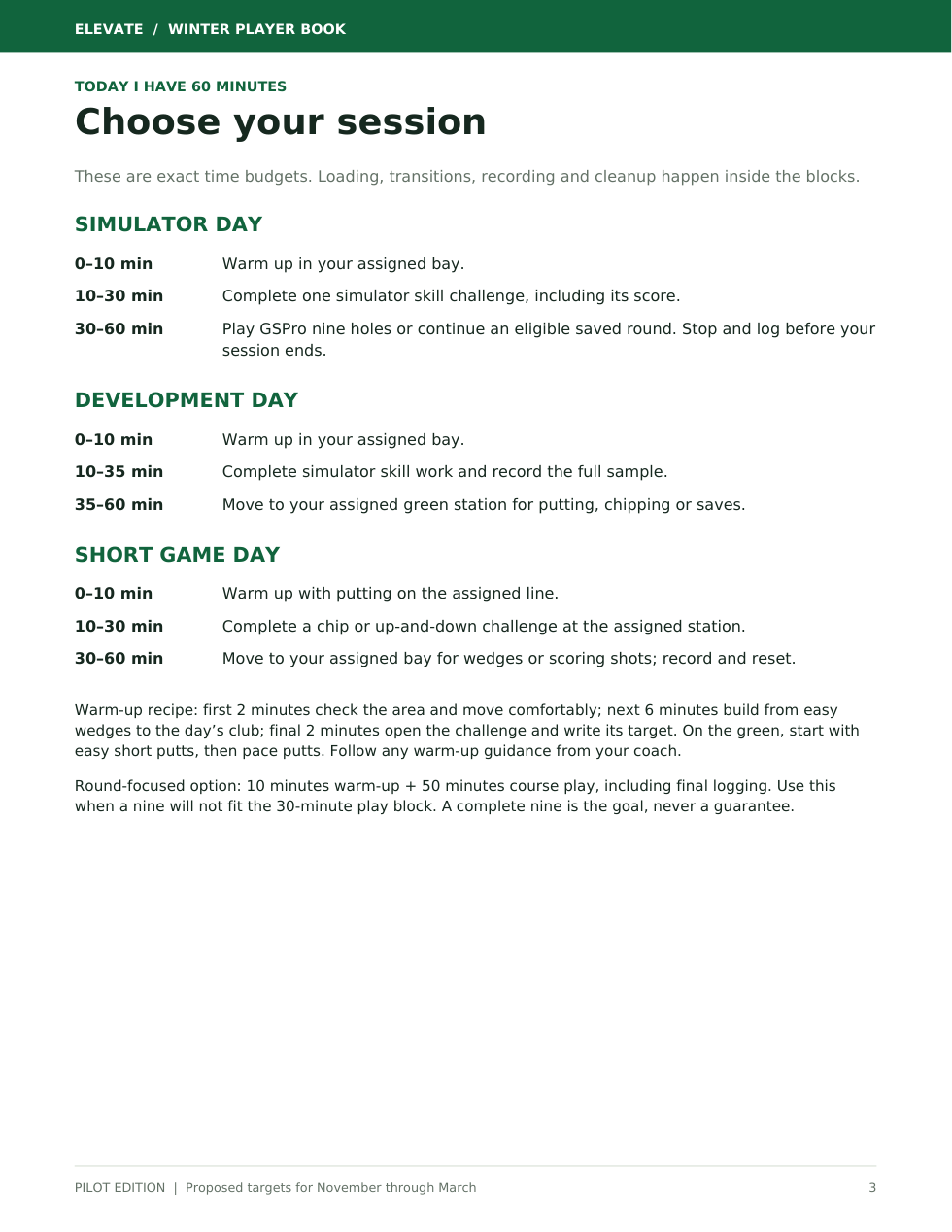 Actual Player Book page 3: three structured 60-minute practice formats