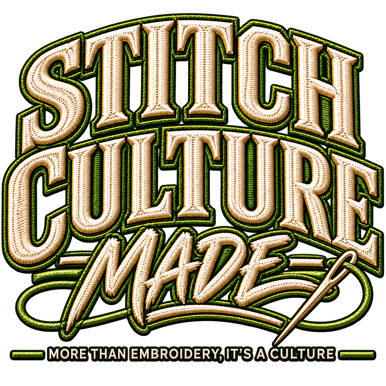 Bold embroidered text reading "Stitch Culture Made" with a needle and thread design. Subtitle states "More than embroidery, it's a culture."