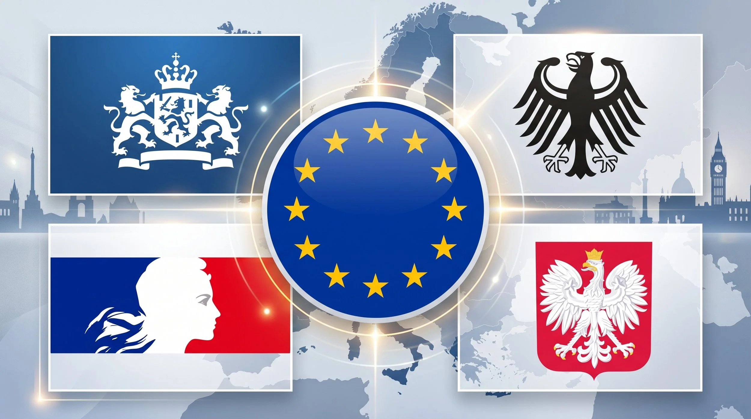 Map of Europe with flags of different European countries, including the Netherlands, Germany, Poland, and France, overlapped with a European Union circle. The background features a faint world map and iconic landmarks like Big Ben, indicating a focus on Europe and the EU.