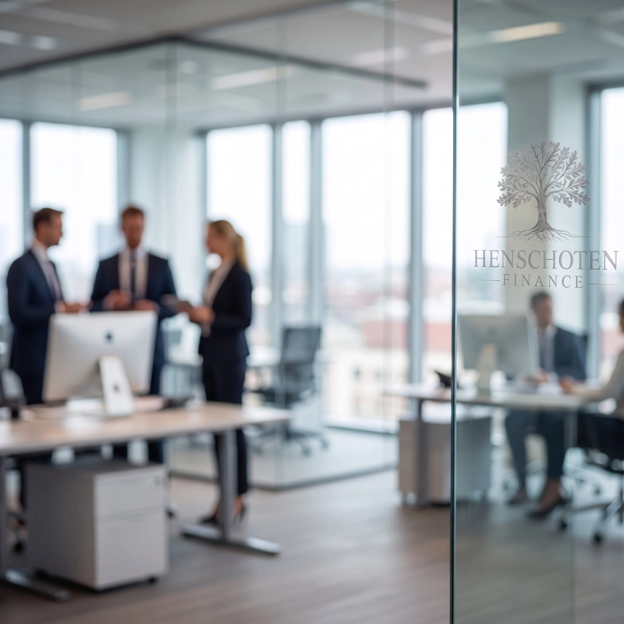 Blurred image of people in business suits standing in a modern office space with glass walls and large windows.