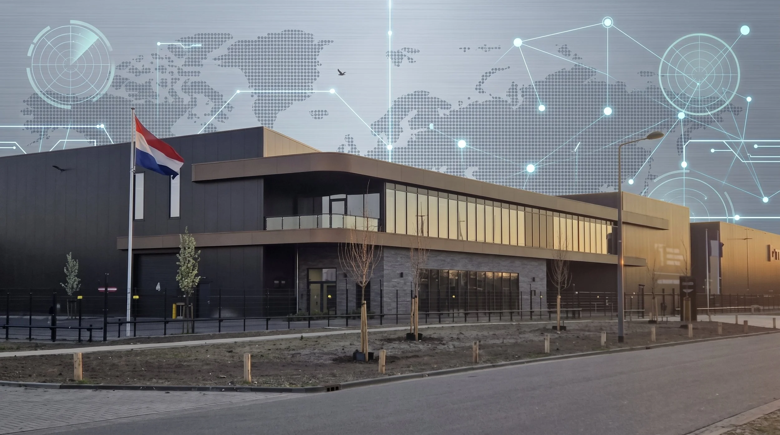 Modern building with a Dutch flag in the foreground. Overlaid are digital graphics of a world map and network lines, suggesting technology or global connectivity.