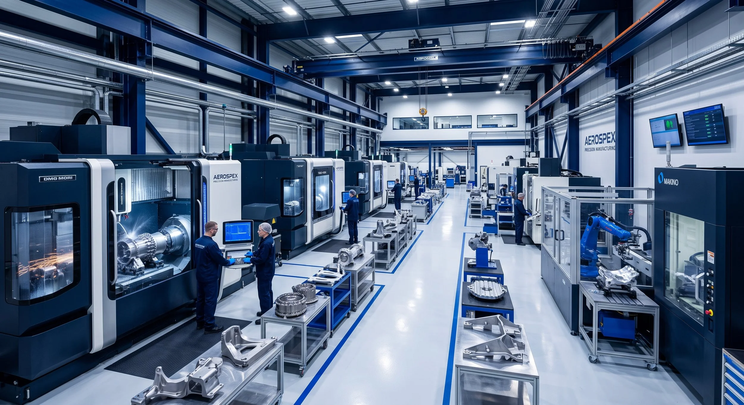 A modern manufacturing facility with multiple CNC machines and robotic arms, workers operating machines, and computer monitors displaying data.