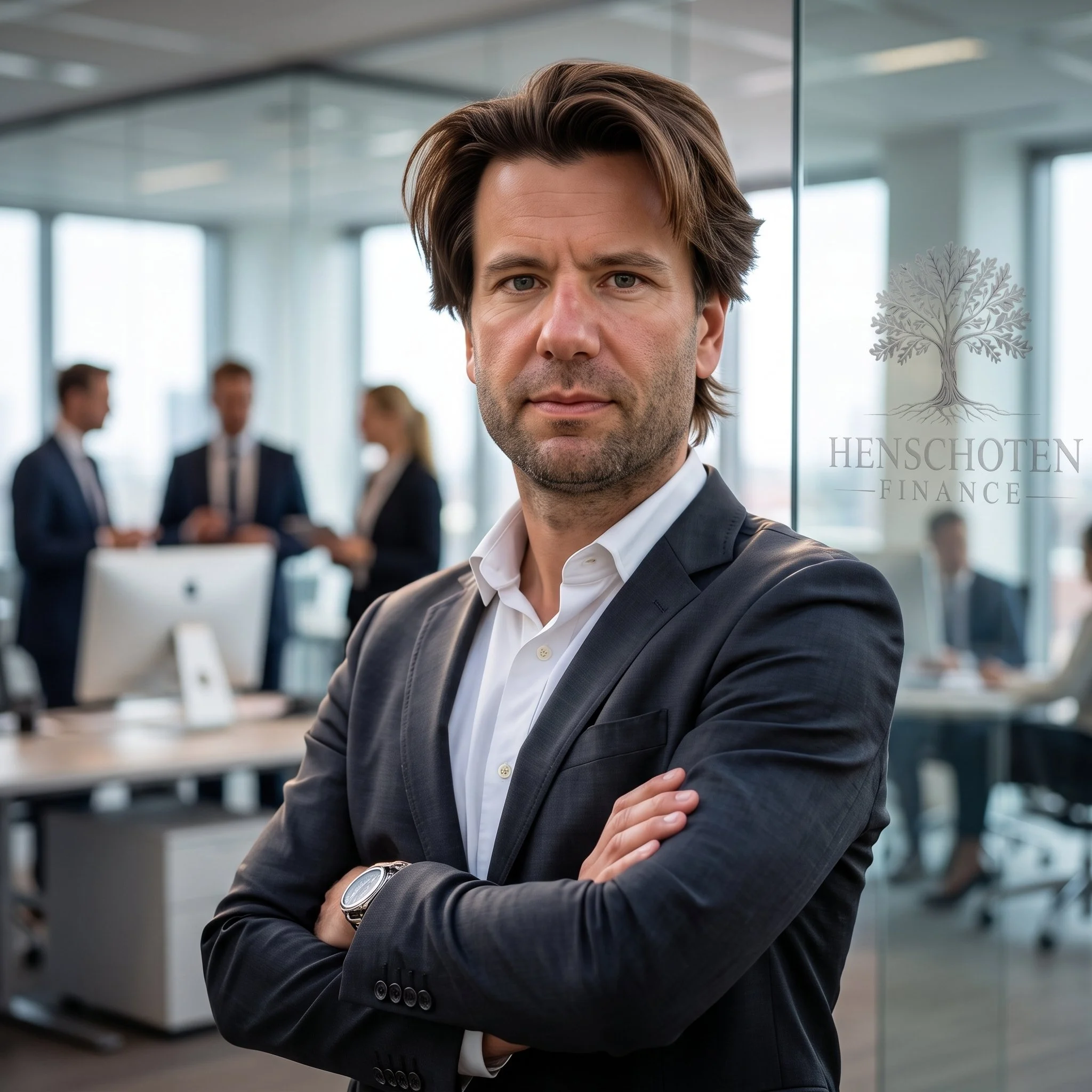 A confident man with brown hair and wearing a business suit stands in an office with large glass windows, with other business professionals blurred in the background and a logo on the glass that reads 'Henschoten Finance'.