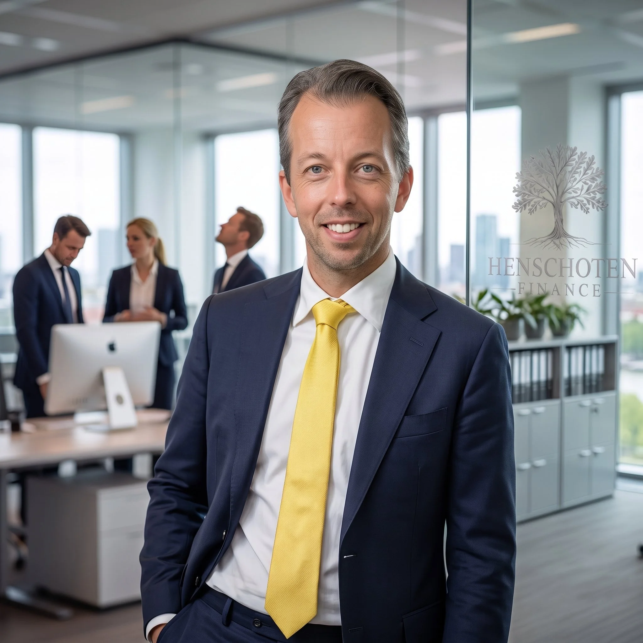 Man in a navy suit with a yellow tie smiling in an office environment with colleagues working in the background.