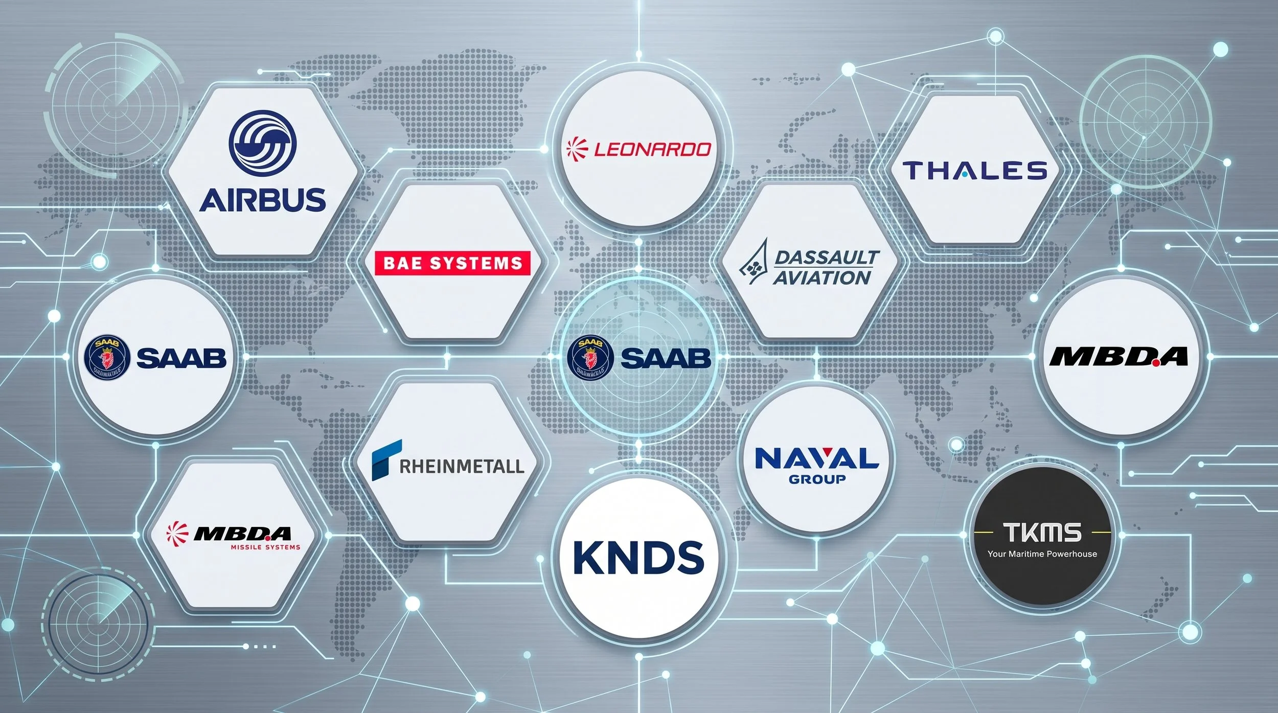 World map background with interconnected hexagons displaying logos of aerospace and defense companies, including Airbus, Leonardo, Thales, Saab, MBDA, Rheinmetall, Naval Group, KNDS, and TKMS.