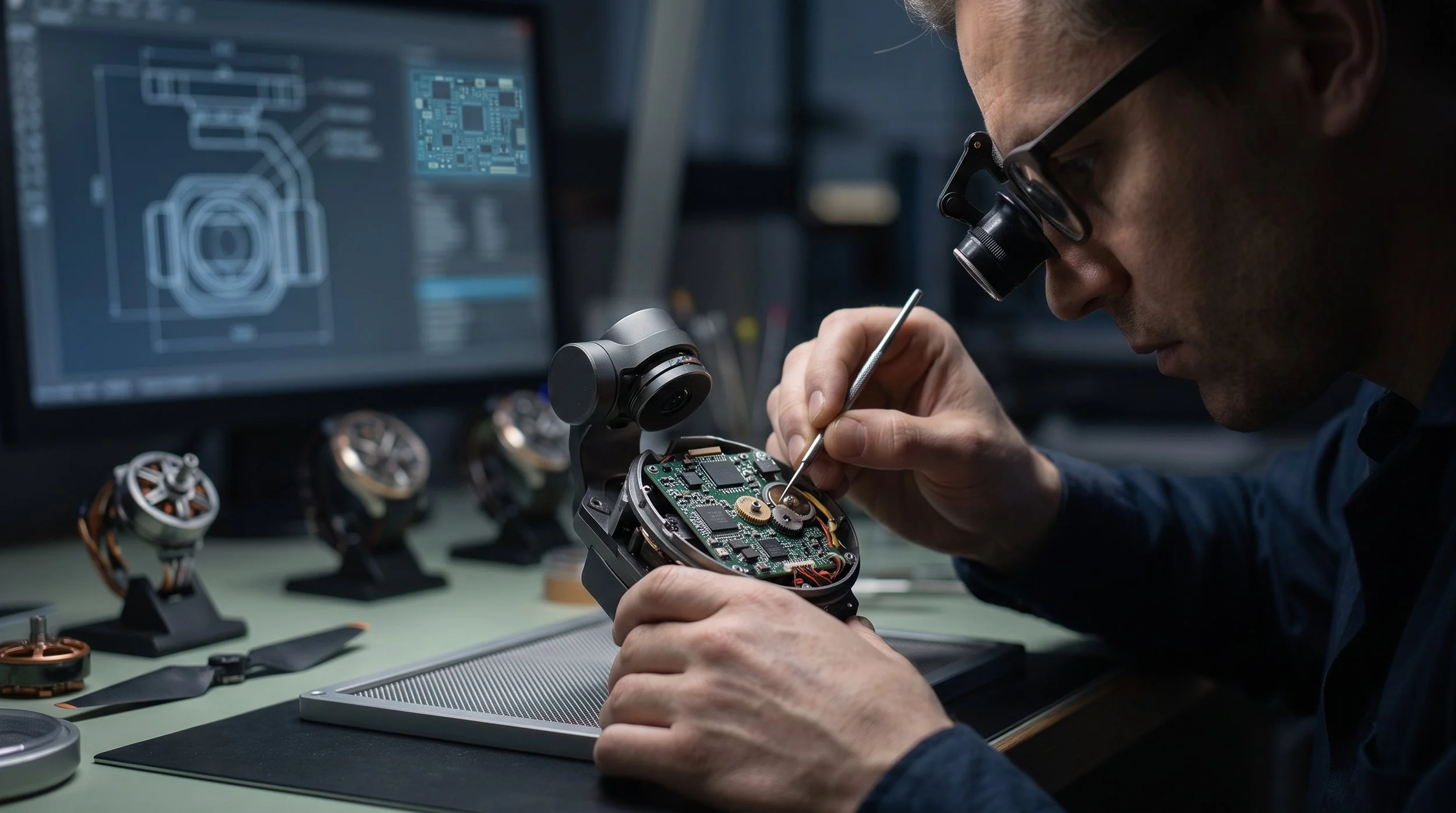 A technician works on assembling a watch movement with micro tools in a workshop, with multiple watch motors and electronic parts on the table and a computer screen displaying a watch diagram in the background.