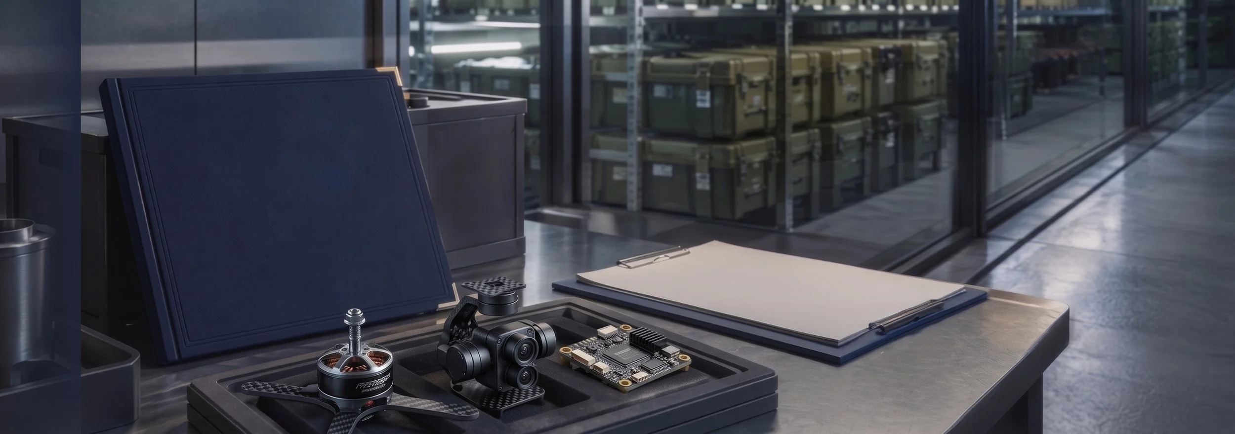 A workspace with a closed blue case, drone parts, a camera, a circuit board, and a clipboard on a table, with a glass wall and storage boxes in background.