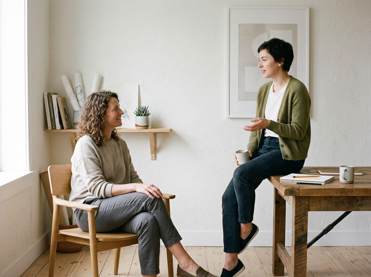 Two women having a conversation in a bright, minimalist room; one is sitting on a wooden chair, the other is standing with one foot on a wooden table.