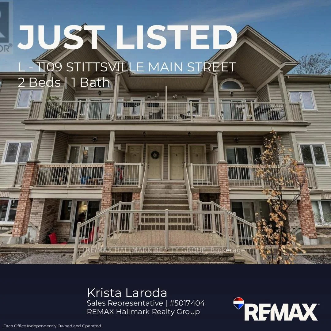 Image of a three-story apartment building with balconies, stairs, and brick accents. Text overlay indicates it's a newly listed property at 1109 Stittsville Main Street with 2 bedrooms and 1 bath, represented by Krista Laroda of REMAX Hallmark Realty