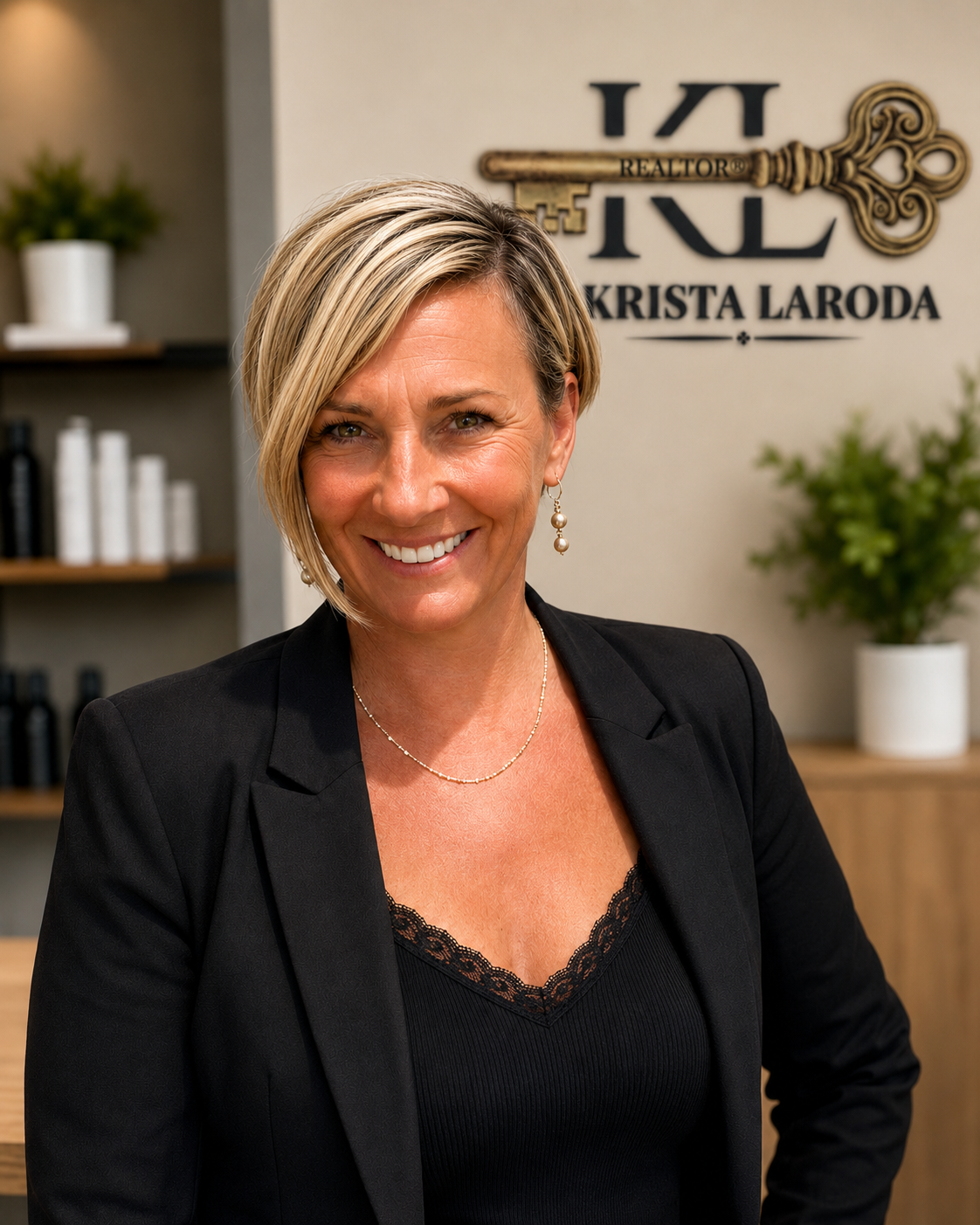 A woman with short blonde hair wearing a black blazer and top, smiling in an office environment with a background sign that reads 'KRISTA LARODA, REALTOR' and a decorative key, with plants and shelves in the background.