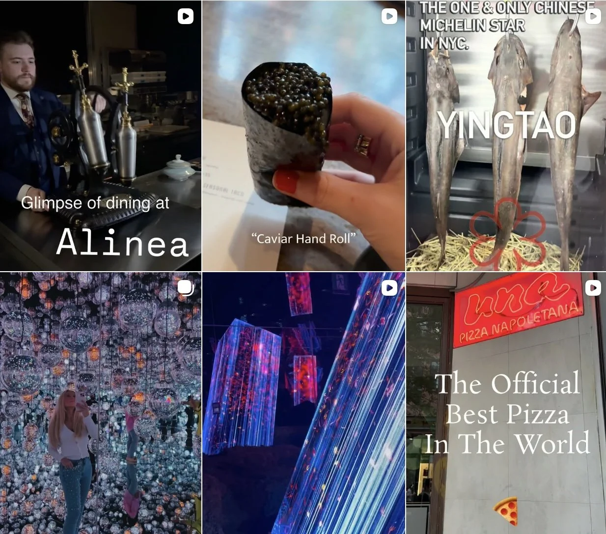 Curated fine-dining selections from @mrspashz featuring Michelin starred dining like  Per Se, Alinea, worlds top pizzeria like Una Pizza Napoletana, Yingtao, Sixty Three Clinton, Jiro in Japan, various Japanese recommendations. Eleven Madison Park NY