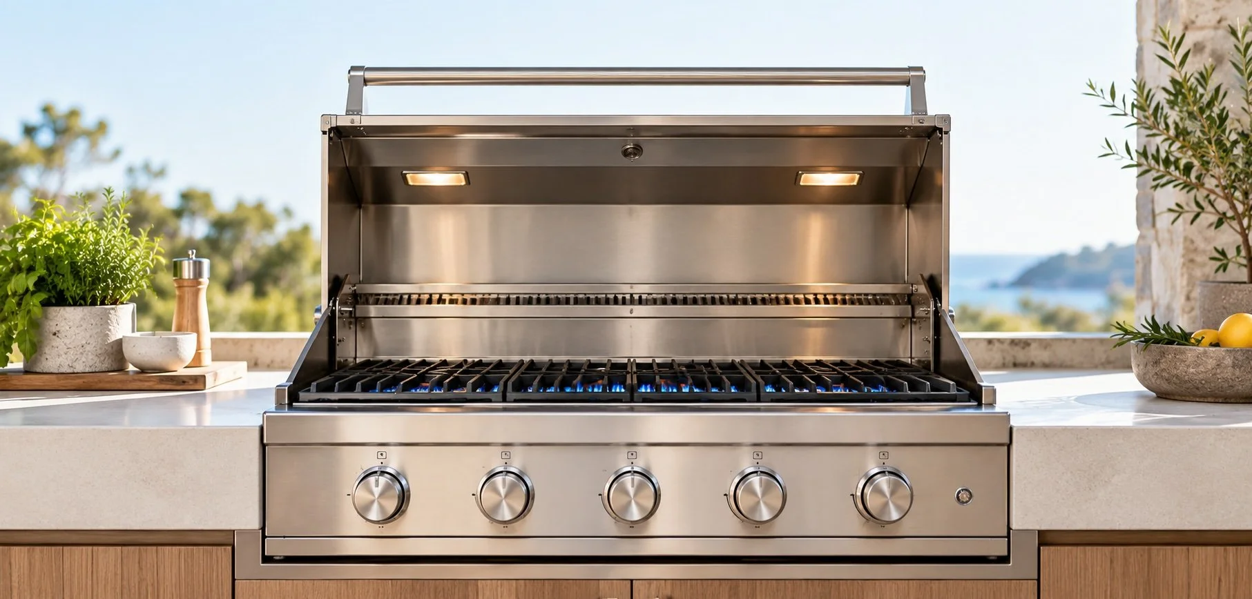 Stainless steel outdoor gas grill with four control knobs, lit blue burners, on a outdoor kitchen countertop, surrounded by potted plants and a bowl of lemons.