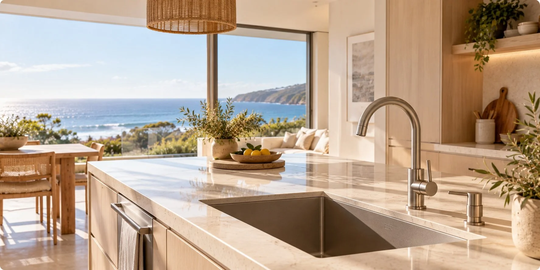 Modern kitchen with a view of the ocean, featuring a white marble countertop, a stainless steel sink and faucet, potted plants, a bowl of lemons, and natural light.