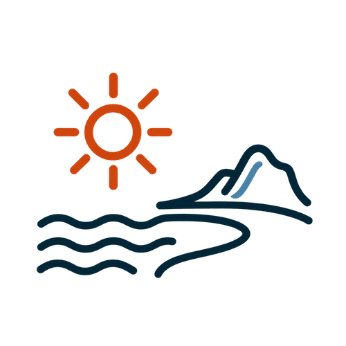 Sun shining over a mountain and a winding river or path.