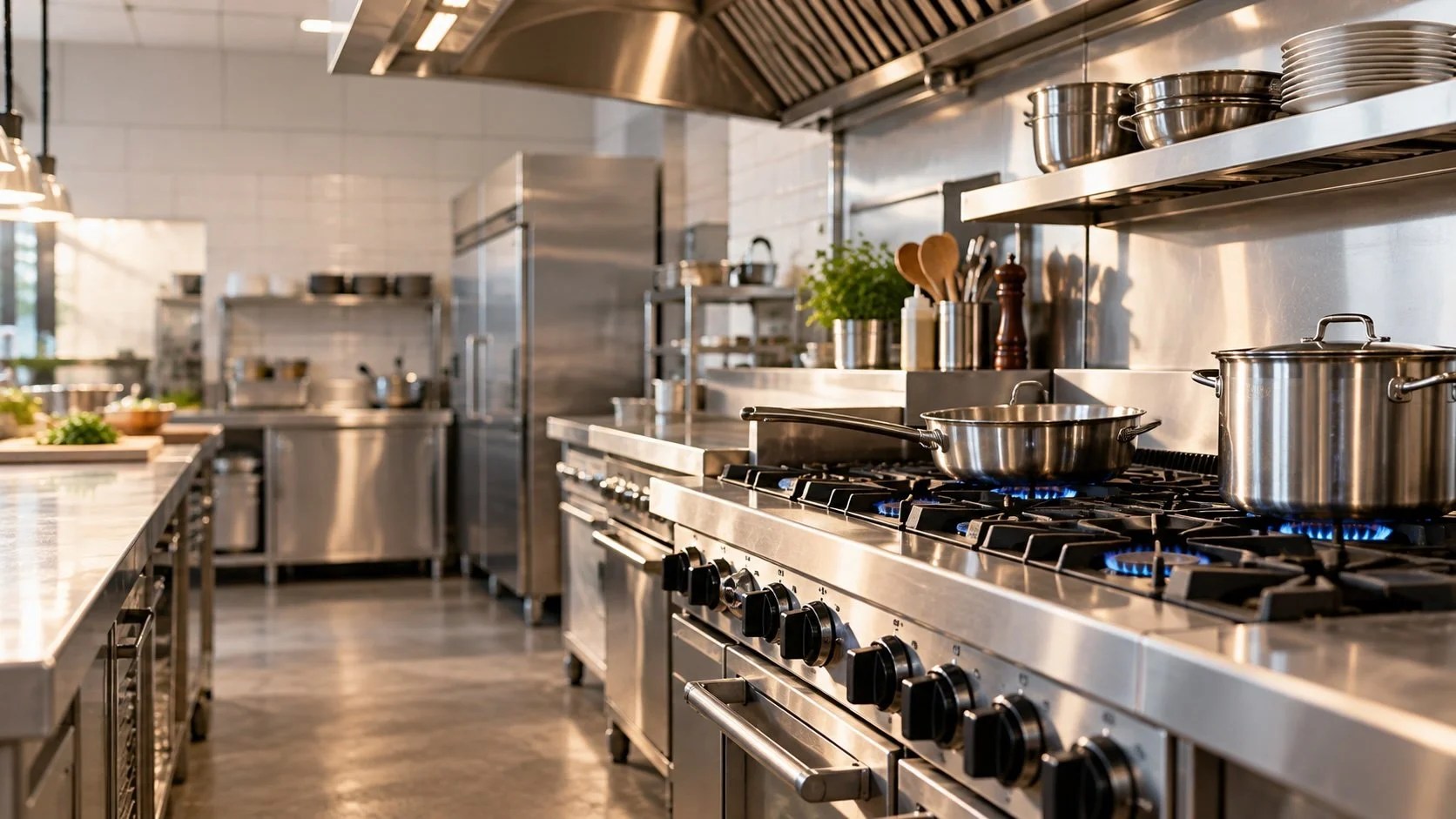 Stainless steel commercial kitchen with a large stove, pots on burners, and shelves holding bowls and kitchen utensils.