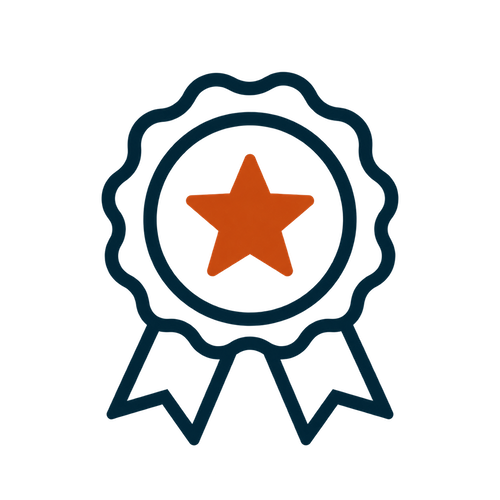An award ribbon with a gold star in the center and blue and black ribbons hanging below.