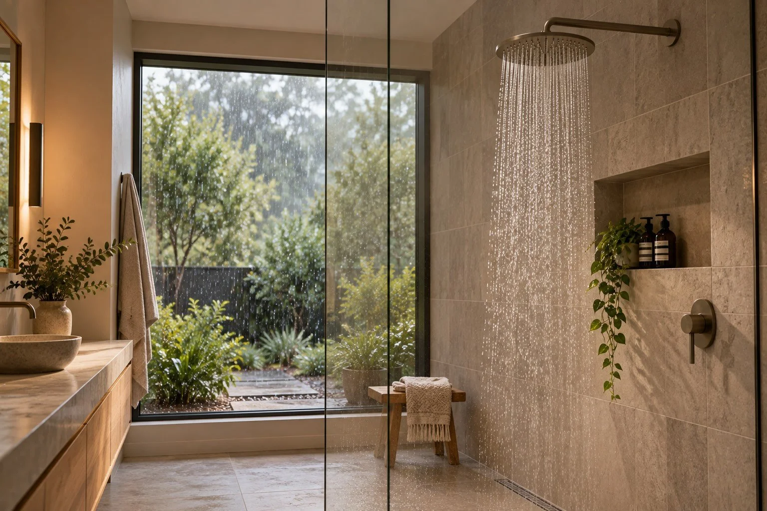 Modern bathroom with a rain shower, large glass window showing outdoor greenery, and a wooden vanity with a stone sink.