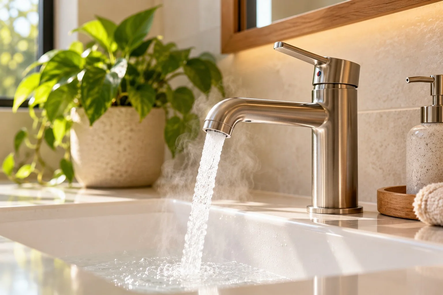 Kitchen sink with running water, potted plant, soap dispenser, and towel placed nearby.