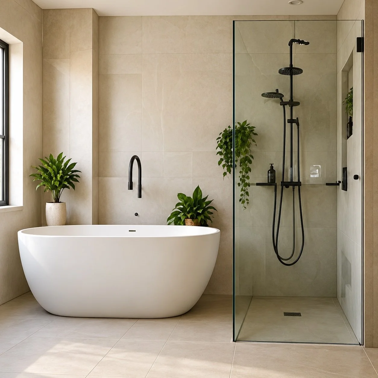 A modern bathroom with a white oval bathtub, green plants on either side, a black wall faucet, and a glass shower enclosure with black fixtures, beige tiled walls, and a black showerhead.
