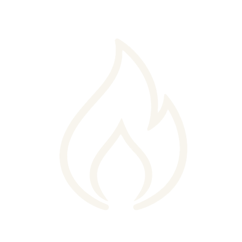 White flame icon on a black background.